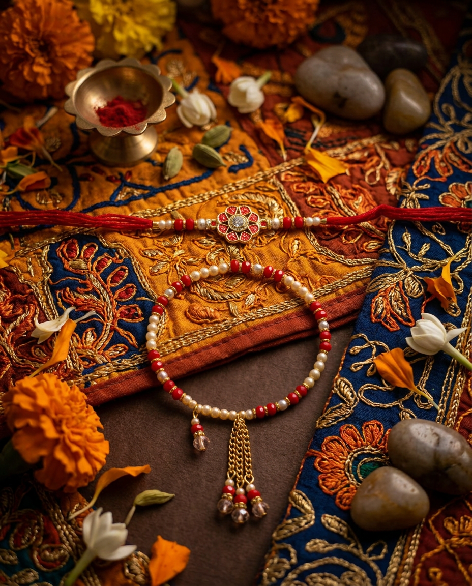 Premium Red & Gold Beaded Rakhi for Bhai and Bhabhi
