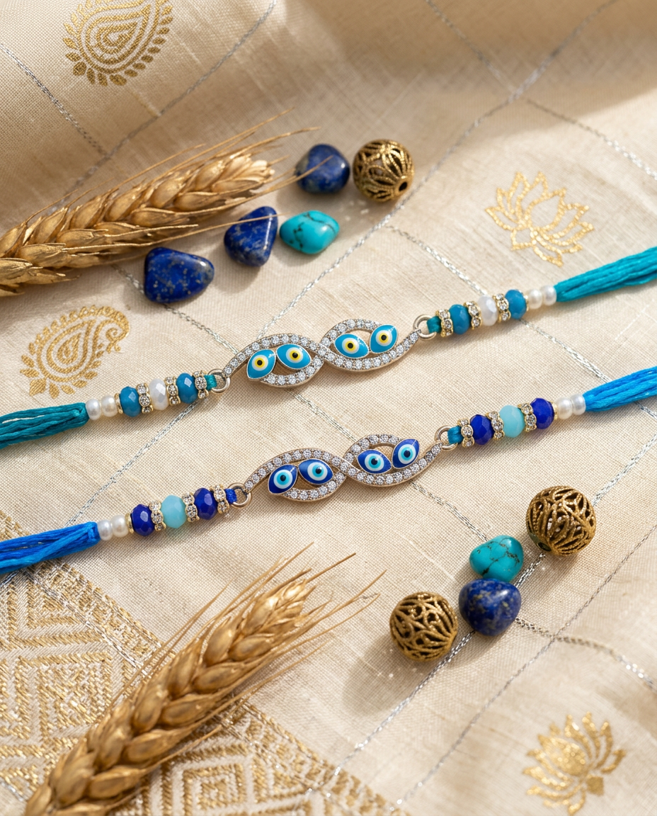 Premium Evil Eye Rakhi Set of 2 for Brother | Handmade Blue Nazar Rakhi with Beads | Raksha Bandhan Gift