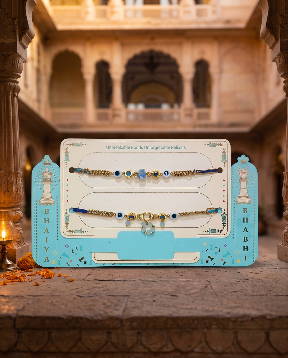 Bhaiya Bhabhi Evil Eye Rakhi Set with Blue Beads & Gold Finish | Designer Rakhi for Raksha Bandhan