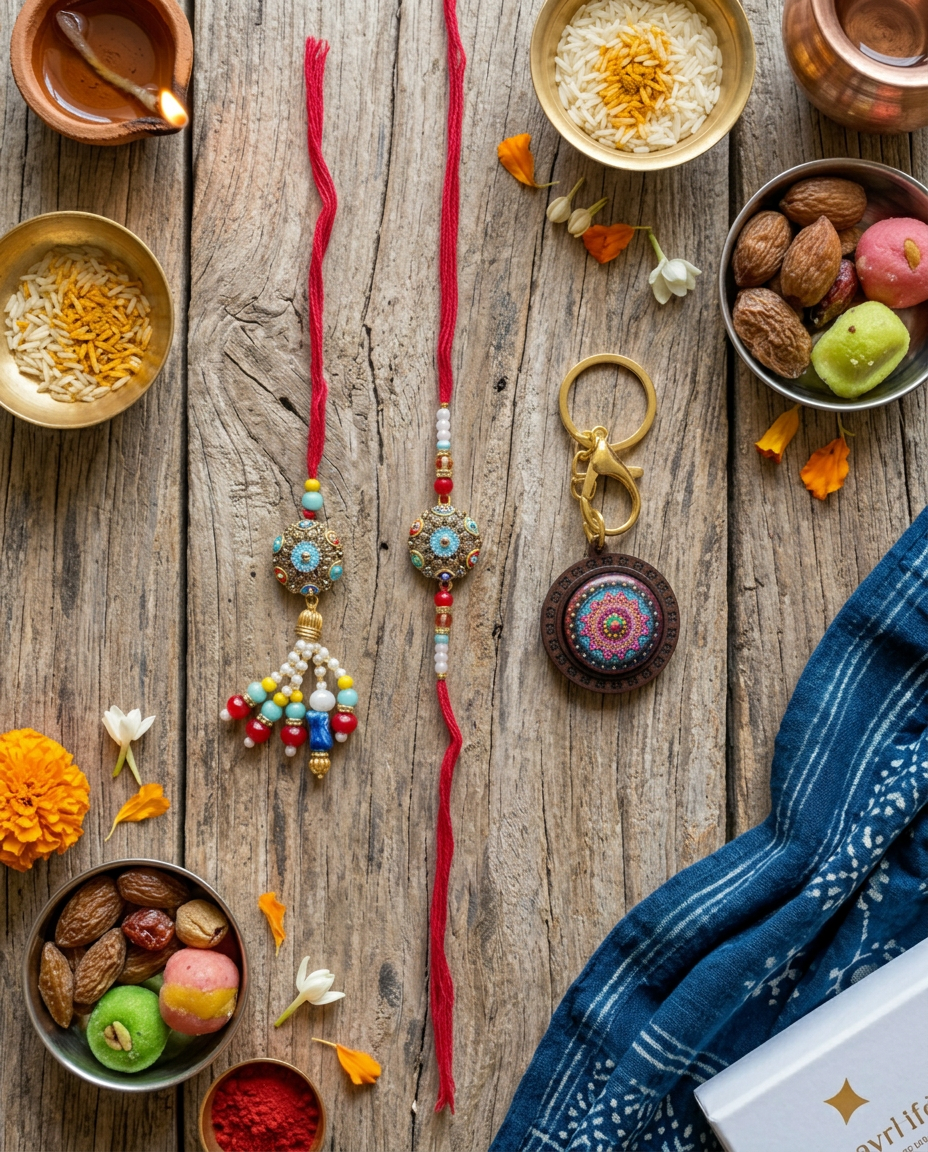 Designer Rakhi, Lumba Rakhi & Mandala Keychain | Bhai Bhabhi Raksha Bandhan Rakhi Set