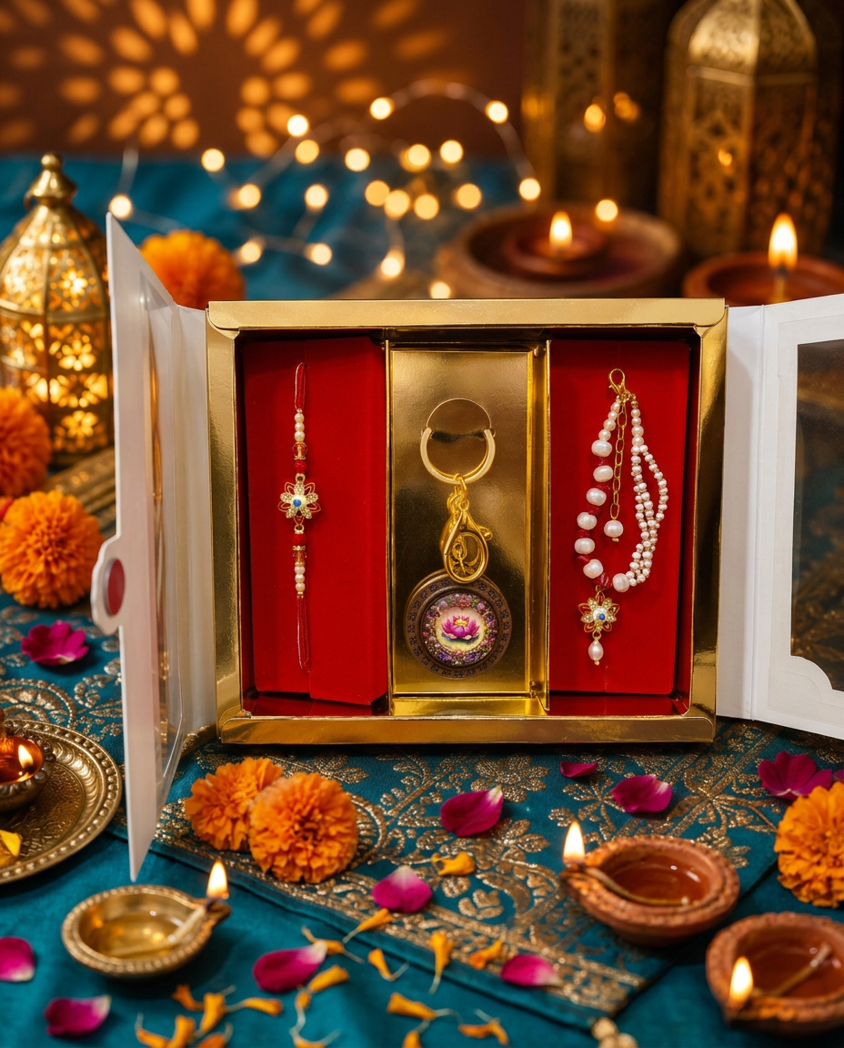 Evil Eye Bhai Bhabhi Rakhi Set with Lotus Keychain | Premium Raksha Bandhan Gift Combo