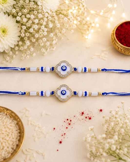 Koogly Designer Blue Evil Eye Rakhi Set of 2 with Pearl & Bead Design For Brothers